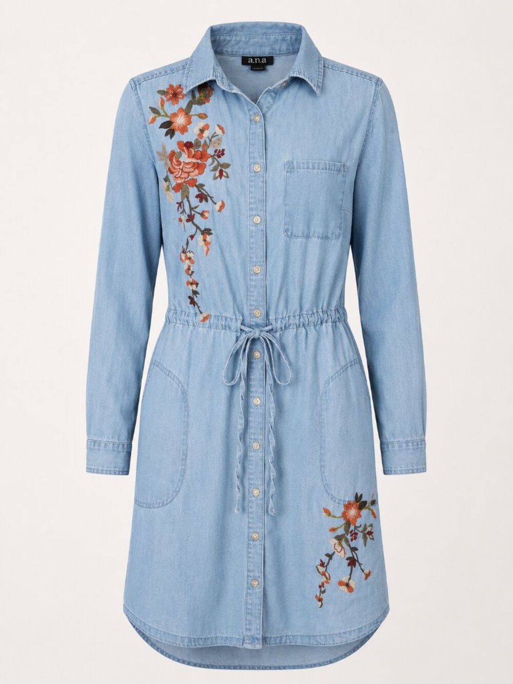 a.n.a Embroidered Chambray Shirt Dress Small Floral Tie Waist Pockets